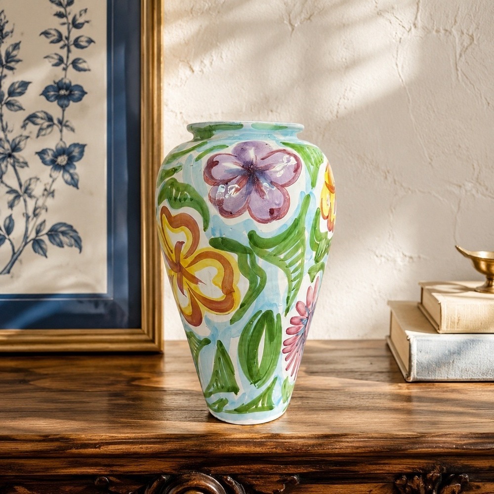 Vintage Pier 1 Imports Large Hand Painted Ceramic Vase Made in Italy Floral 13.7